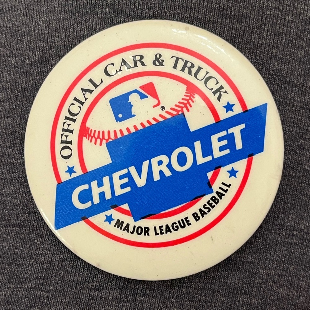 Vintage Chevrolet MLB Promo Button Pin Blue Bowtie Baseball 2” Advertising Badge